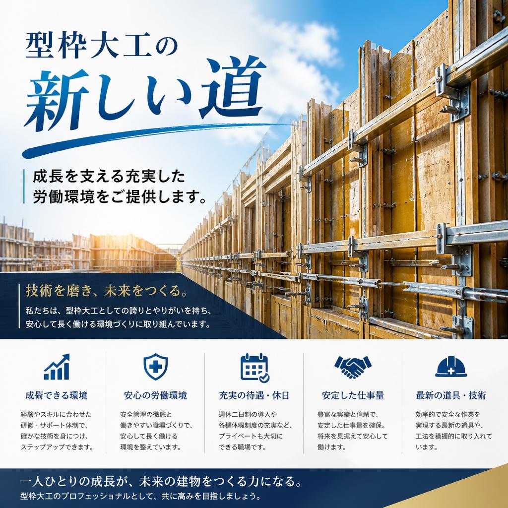 型枠大工の新しい道、成長を支える充実した労働環境をご提供します。