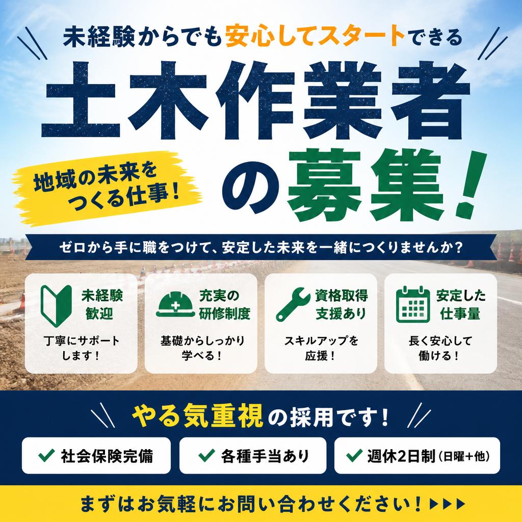 未経験からでも安心してスタートできる土木作業者の募集！