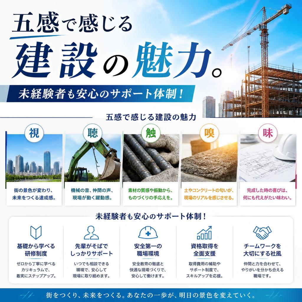 五感で感じる建設の魅力。未経験者も安心のサポート体制！
