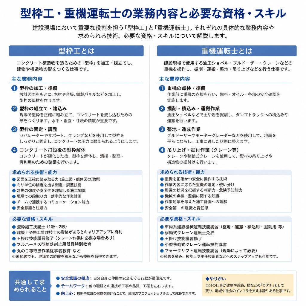 型枠工や重機運転士の仕事